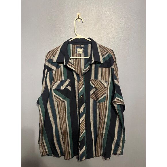 VTG‎ Men's Wrangler Western Shirt Dark Stripped Pearl Button Snaps Shirt SZ XXL - Picture 1 of 9